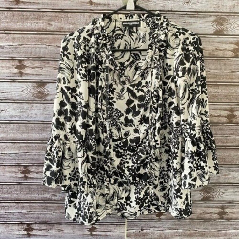 Karl Lagerfeld Paris Women's Blouse Size S White Black Floral V-Neck Tie Ruffle